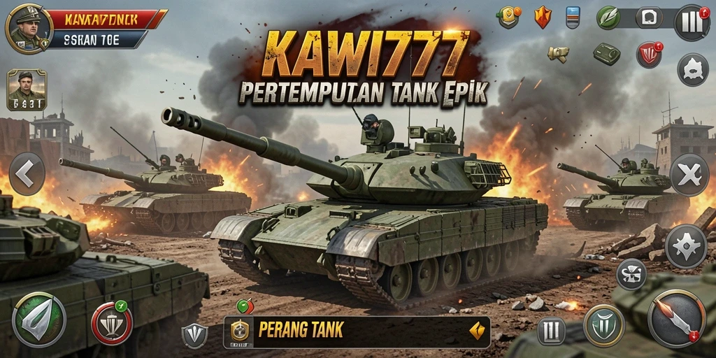 Antarmuka KAWI777 menampilkan aksi pertempuran tank yang mendebarkan.